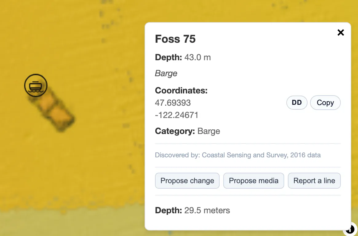 The detail panel for the charted wreck Foss 75, showing depth, category, coordinates and its survey credit